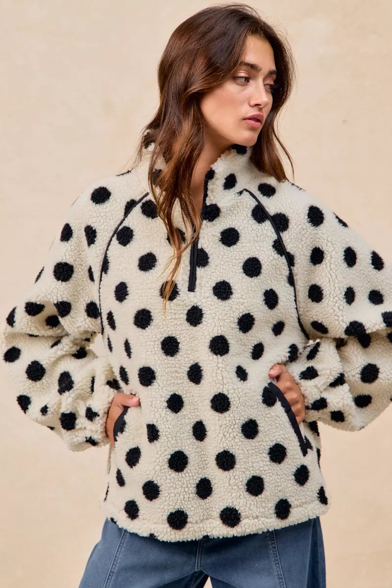 BiBi Polka Dot Sherpa Half Zip Up Top with Side Pocket - Sydney So Sweet