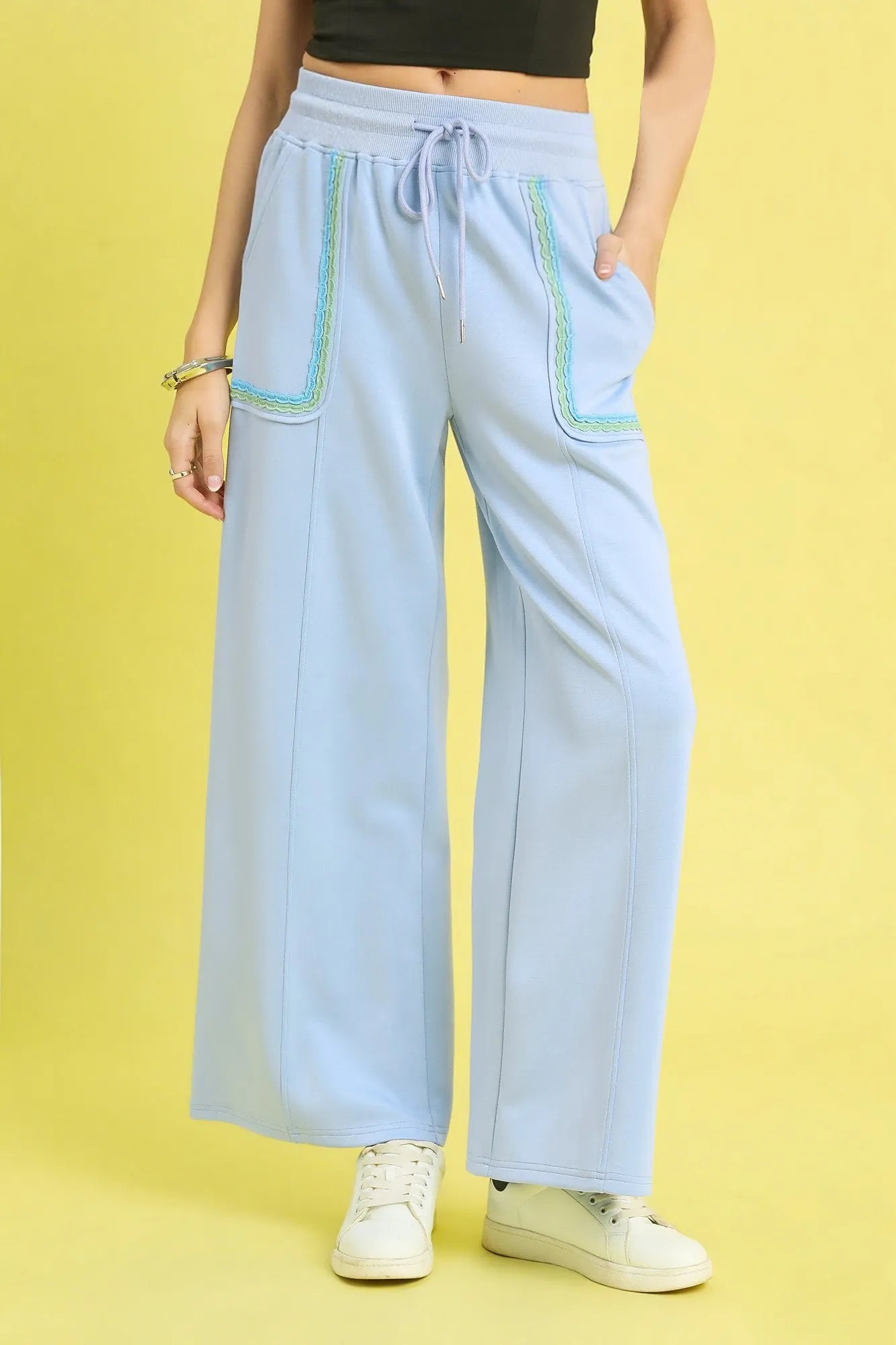 Umgee Drawstring Wide Leg Pants with Scallop Trim Detail - Sydney So Sweet