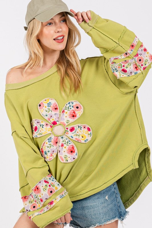 SAGE + FIG Daisy Patch Applique Long Sleeve Sweatshirt - Sydney So Sweet