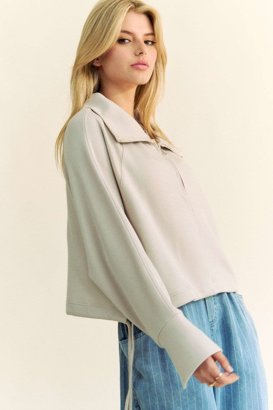 Davi & Dani Drawstring Hem Half Zip Raglan Sleeve Sweatshirt - Sydney So Sweet