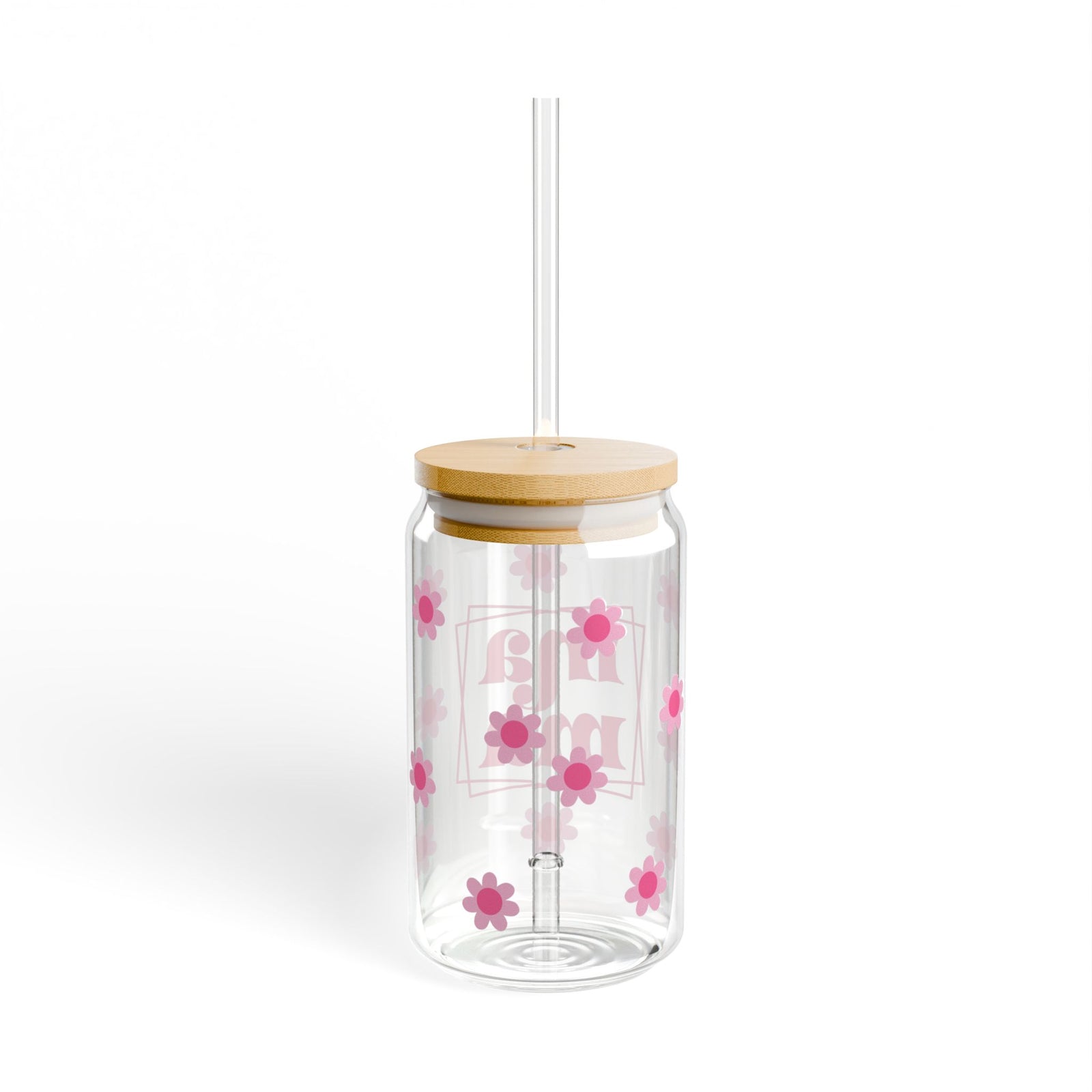 Mama Pink Flower Tumbler Sipper Glass 16oz — Reusable Drink Jar with Lid & Straw
