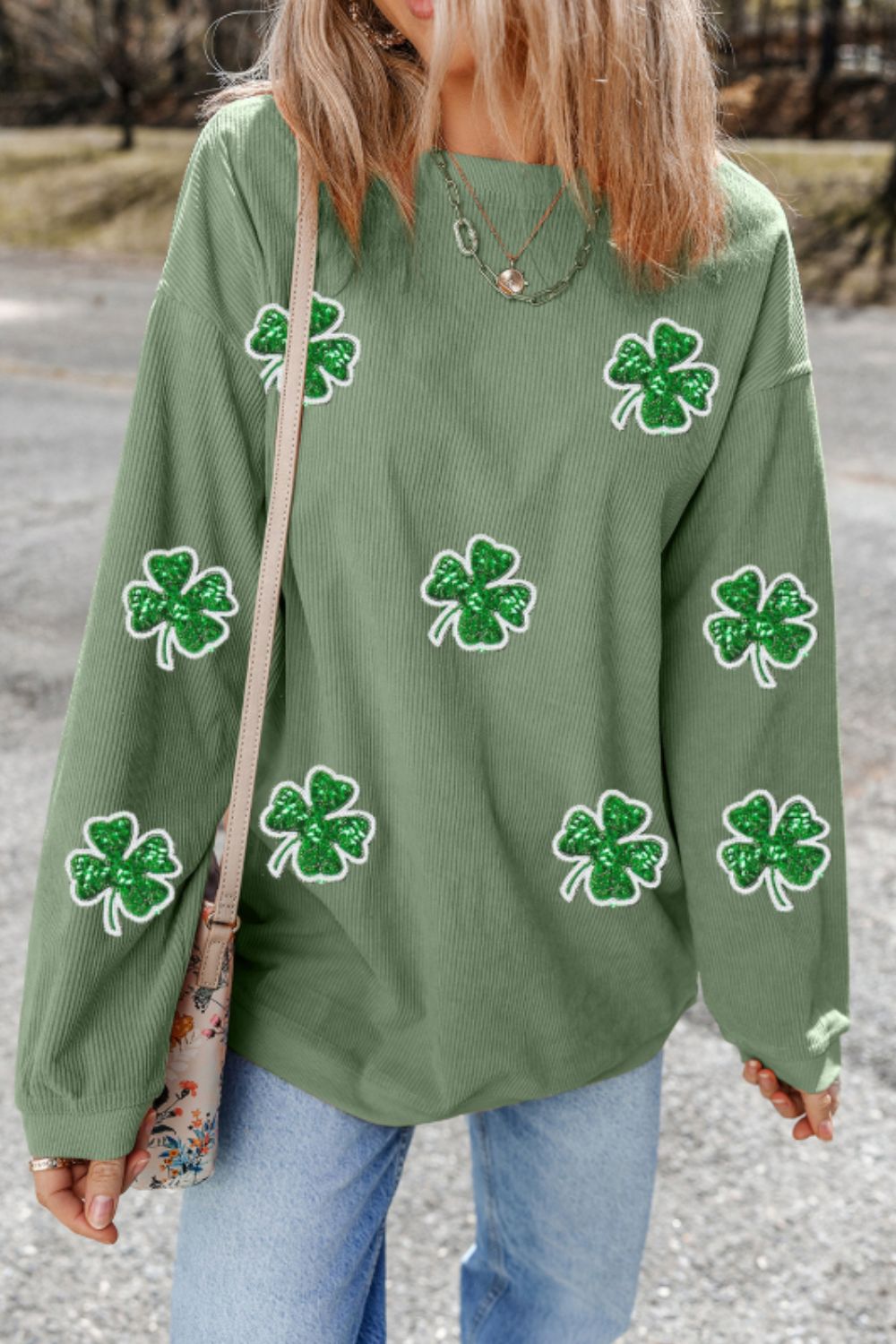 Sequin Lucky Clover Round Neck Long Sleeve Sweatshirt - Sydney So Sweet