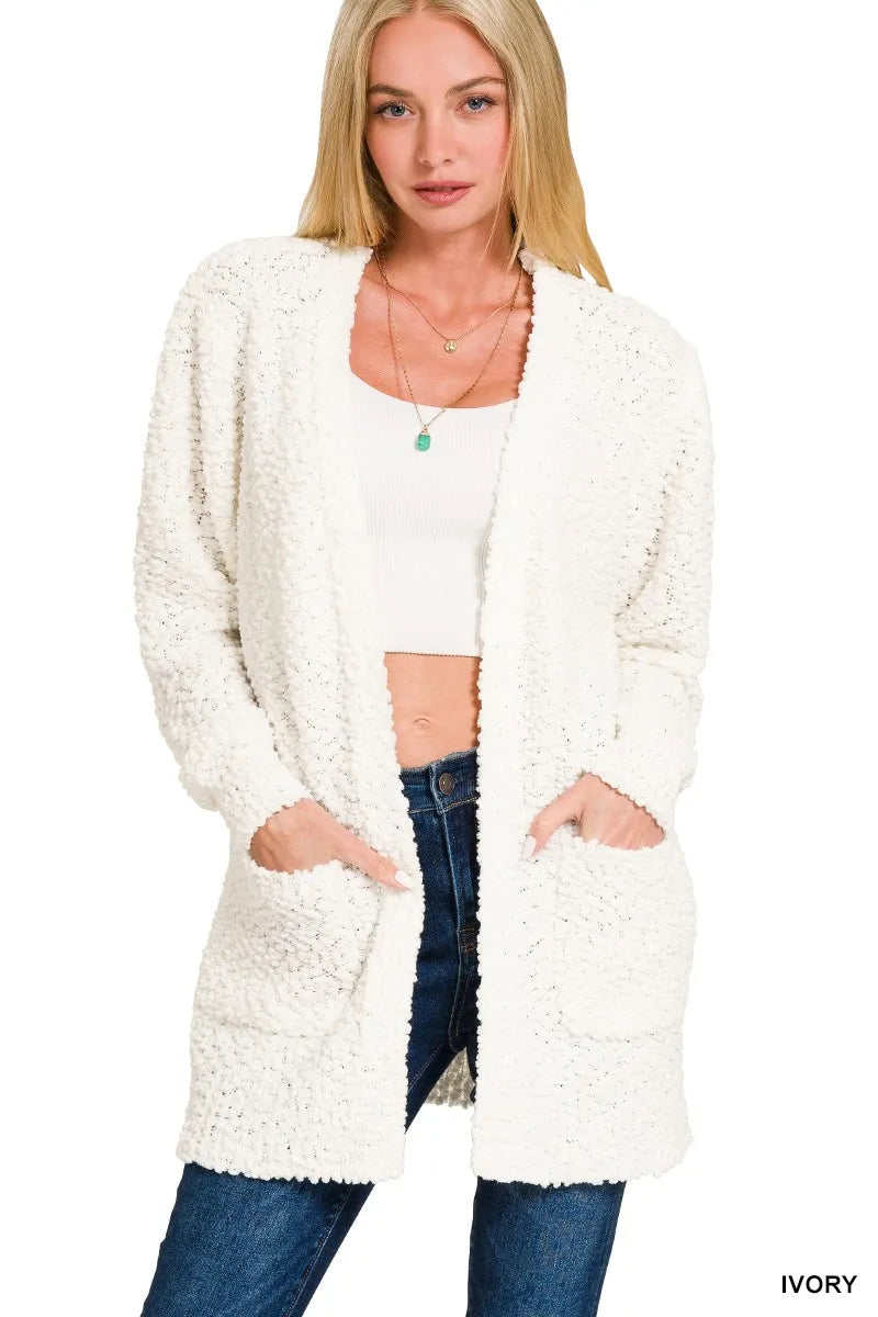 Zenana Long Sleeve Popcorn Sweater Cardigan with Pockets - Sydney So Sweet