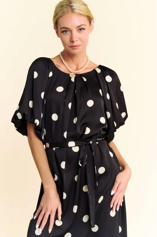 Davi & Dani Polka Dot Puff Sleeves Waist Tie Midi Dress - Sydney So Sweet
