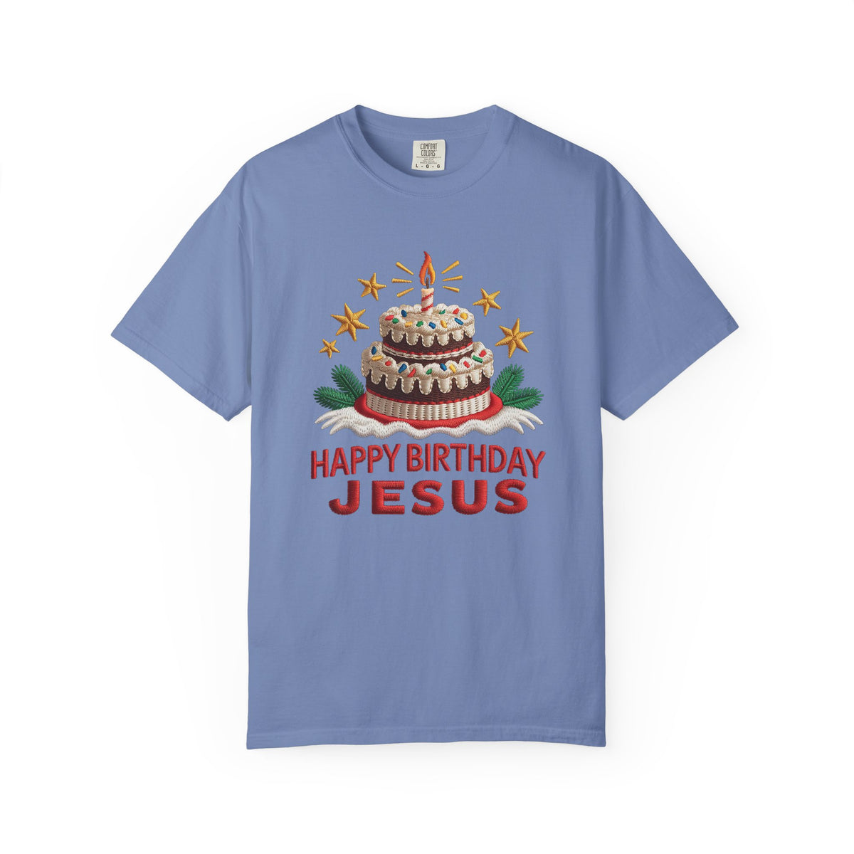 Happy Birthday Jesus Birthday Cake Faux Embroidery Tee Christmas Graphic T-Shirt