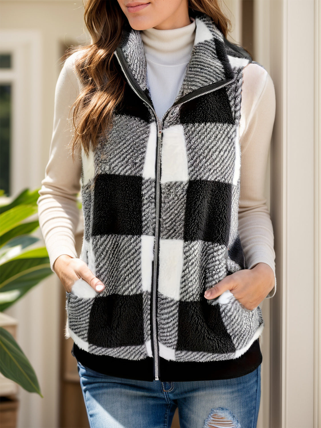 Pocketed Plaid Zip Up Vest Coat - Sydney So Sweet