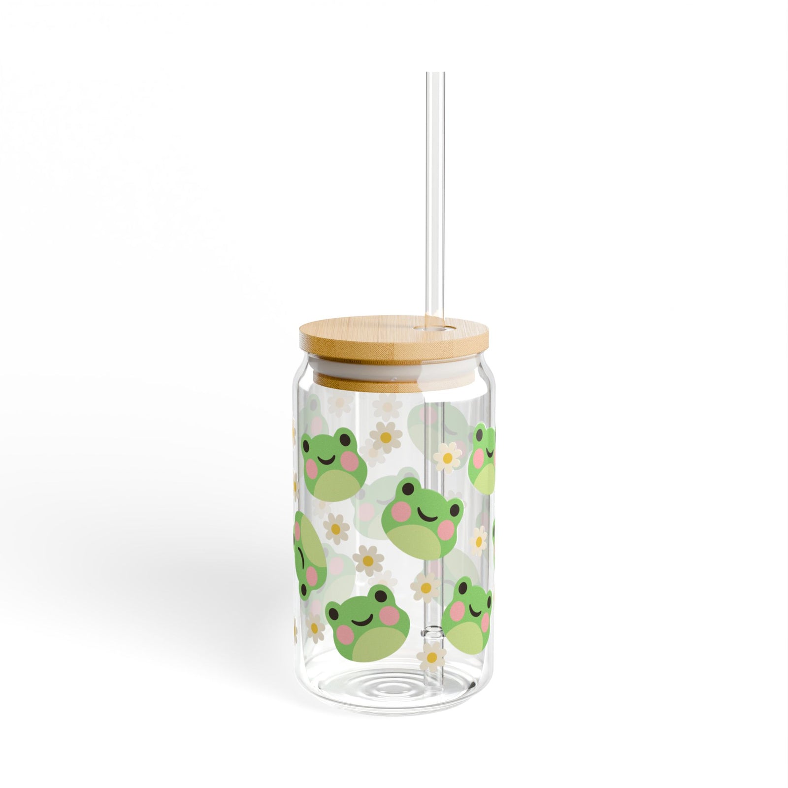 Kawaii Frog Daisy Tumbler Sipper Glass 16oz — Reusable Drink Jar with Lid & Straw - Sydney So Sweet