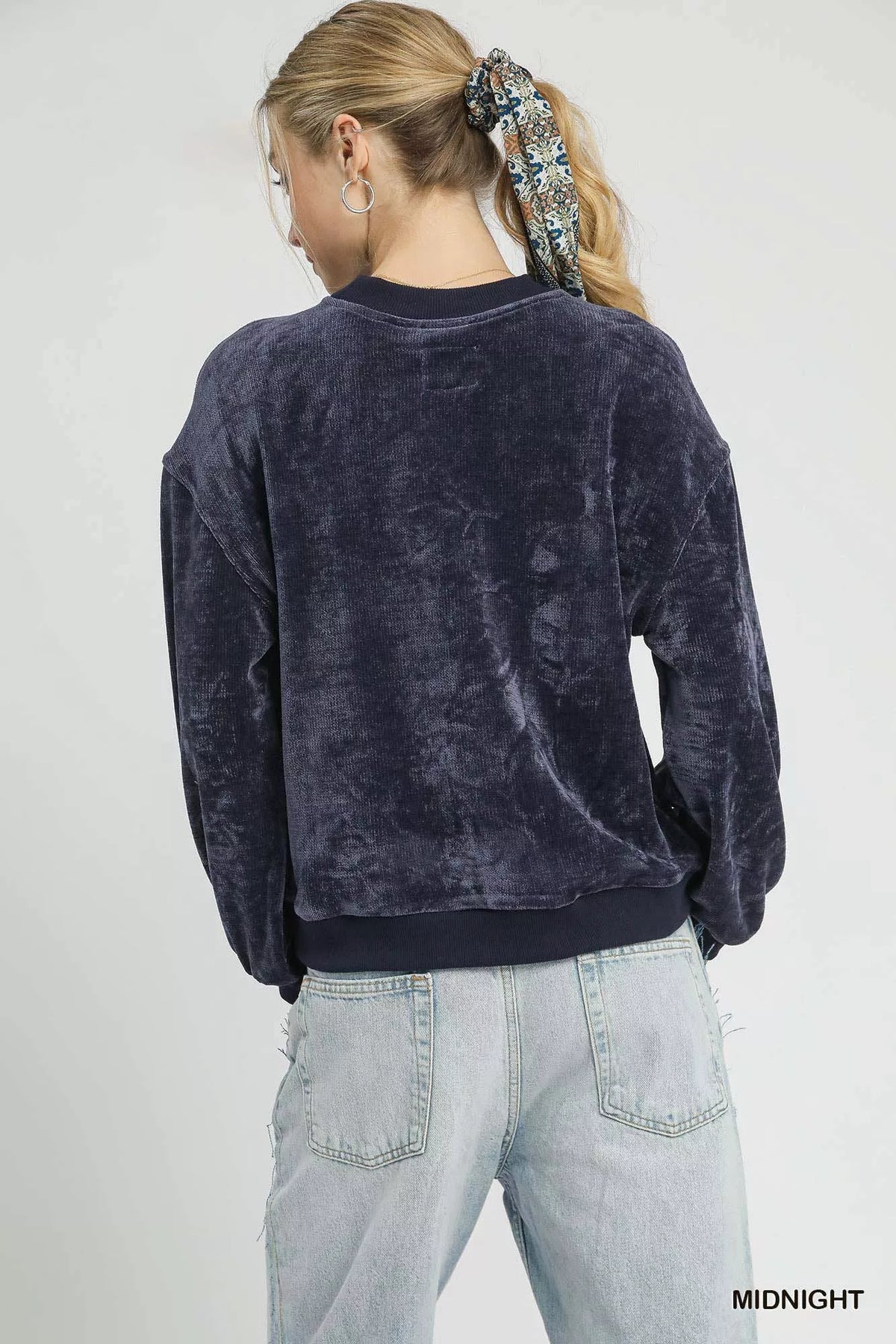 Umgee Velour Crewneck Balloon Sleeve Sweatshirt - Sydney So Sweet