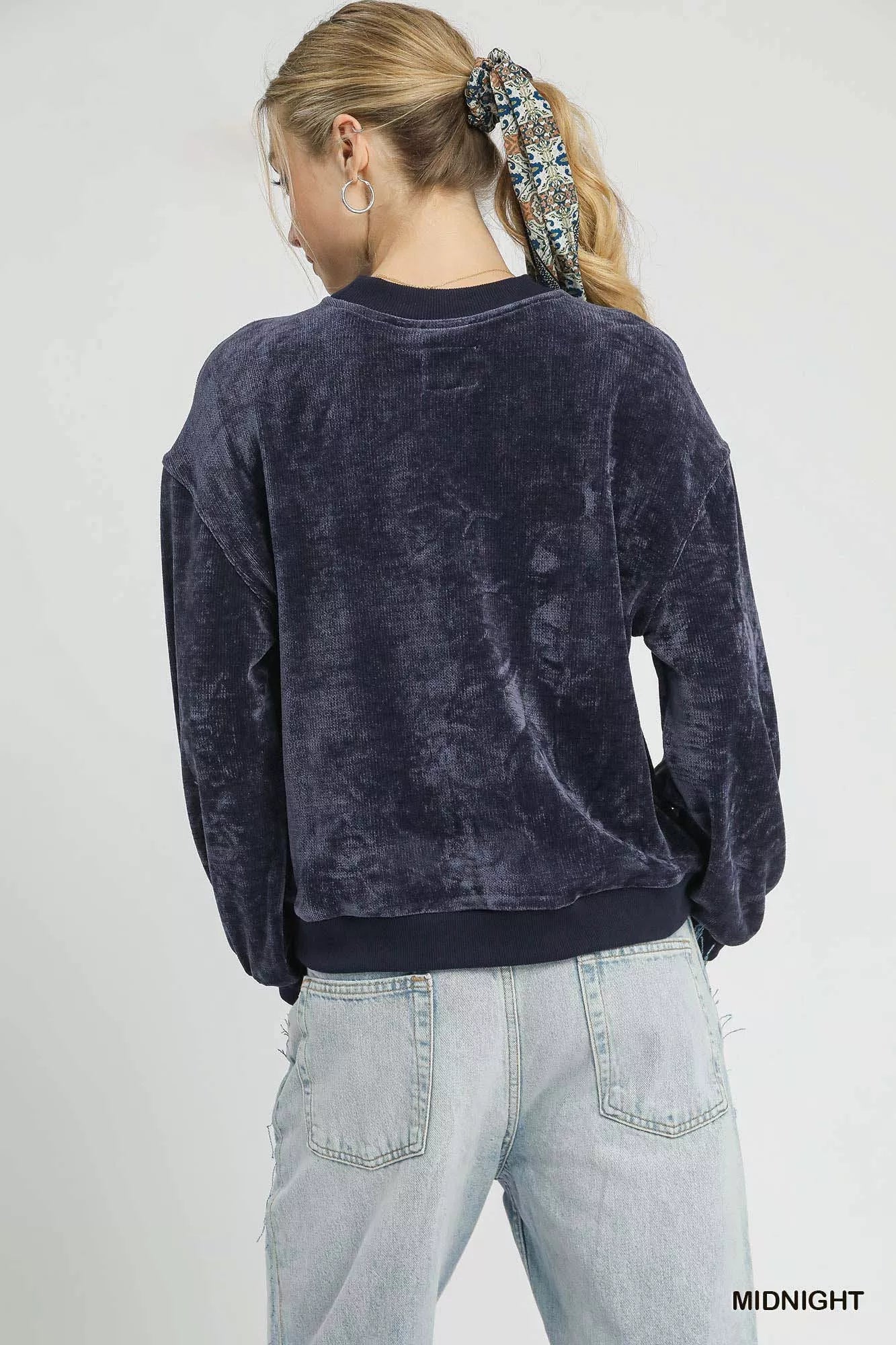 Umgee Velour Crewneck Balloon Sleeve Sweatshirt - Sydney So Sweet