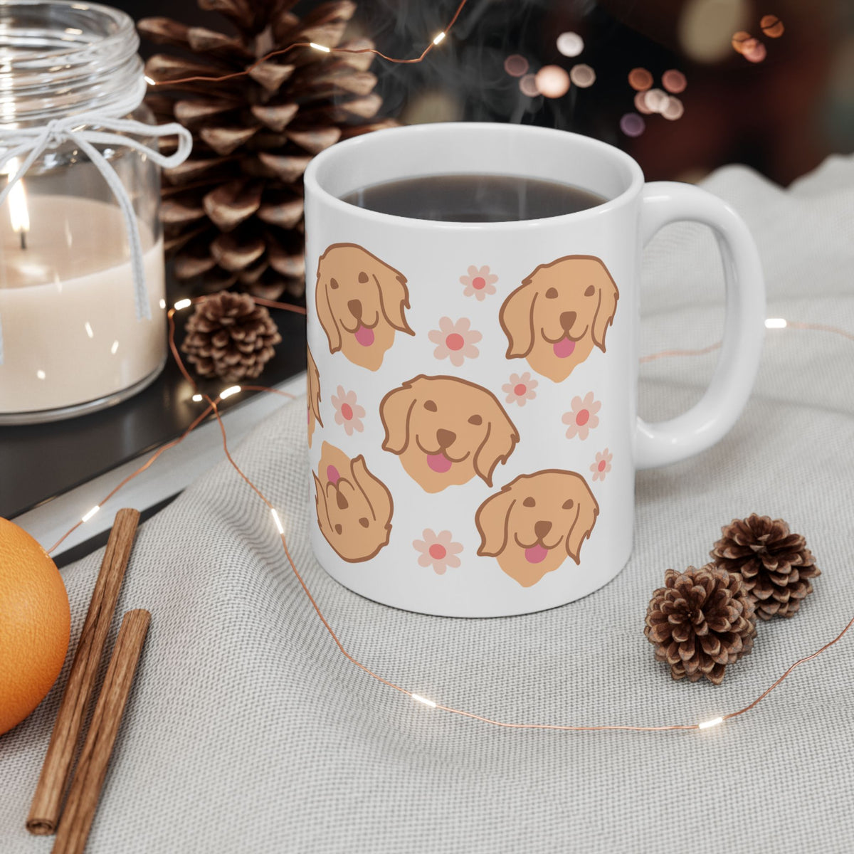 Golden Retriever Pattern Ceramic Mug — Cute Dog & Flowers Coffee Cup (11oz, 15oz)