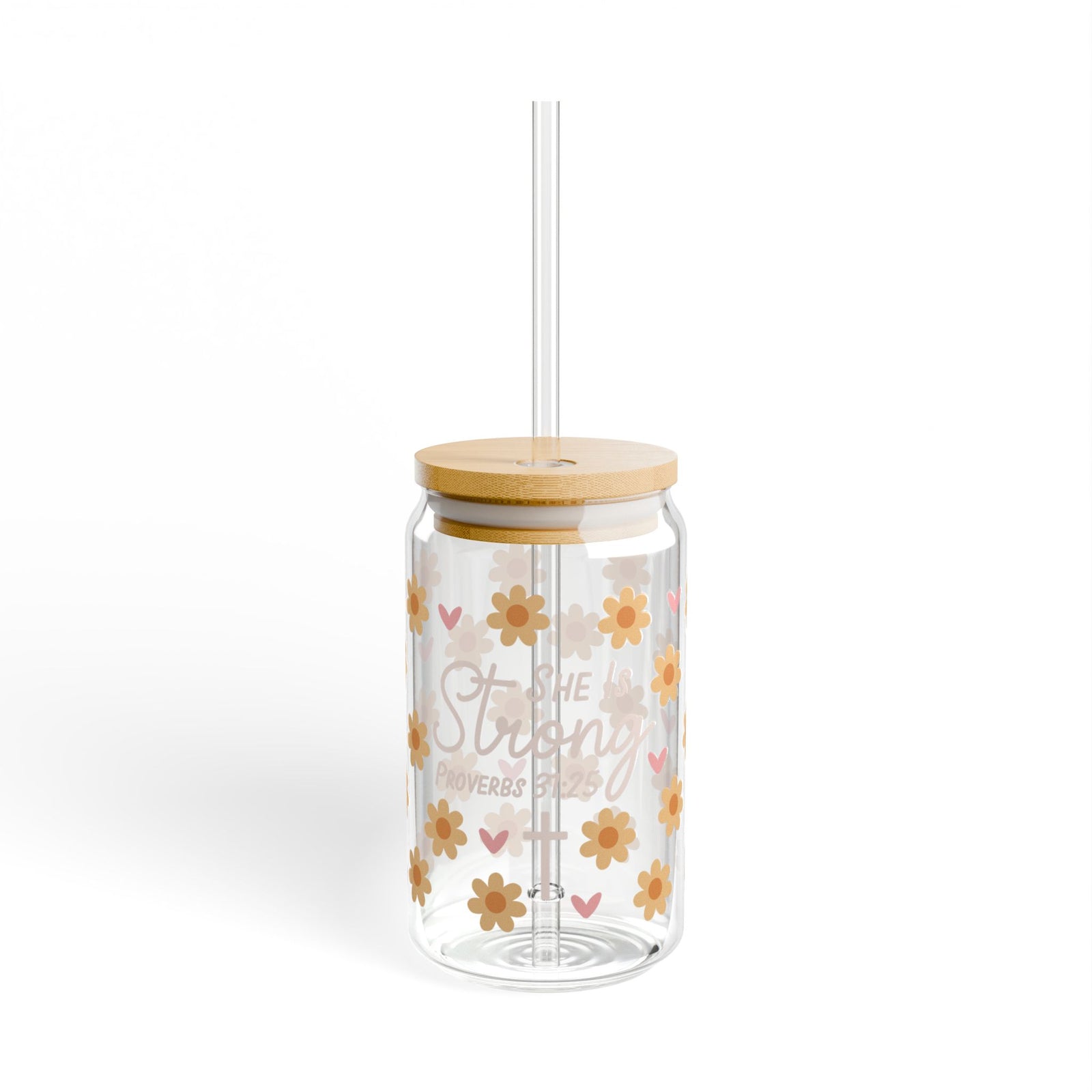 She Is Strong 16 Yellow Floral Proverbs 31:25 Christian Tumbler Sipper Glass 16oz — Reusable Drink Jar with Lid & Straw
