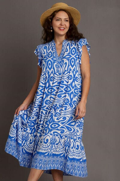 Umgee Full Size Two Tone Border Print Ruffle Cap Sleeve Midi Dress Plus Size - Sydney So Sweet