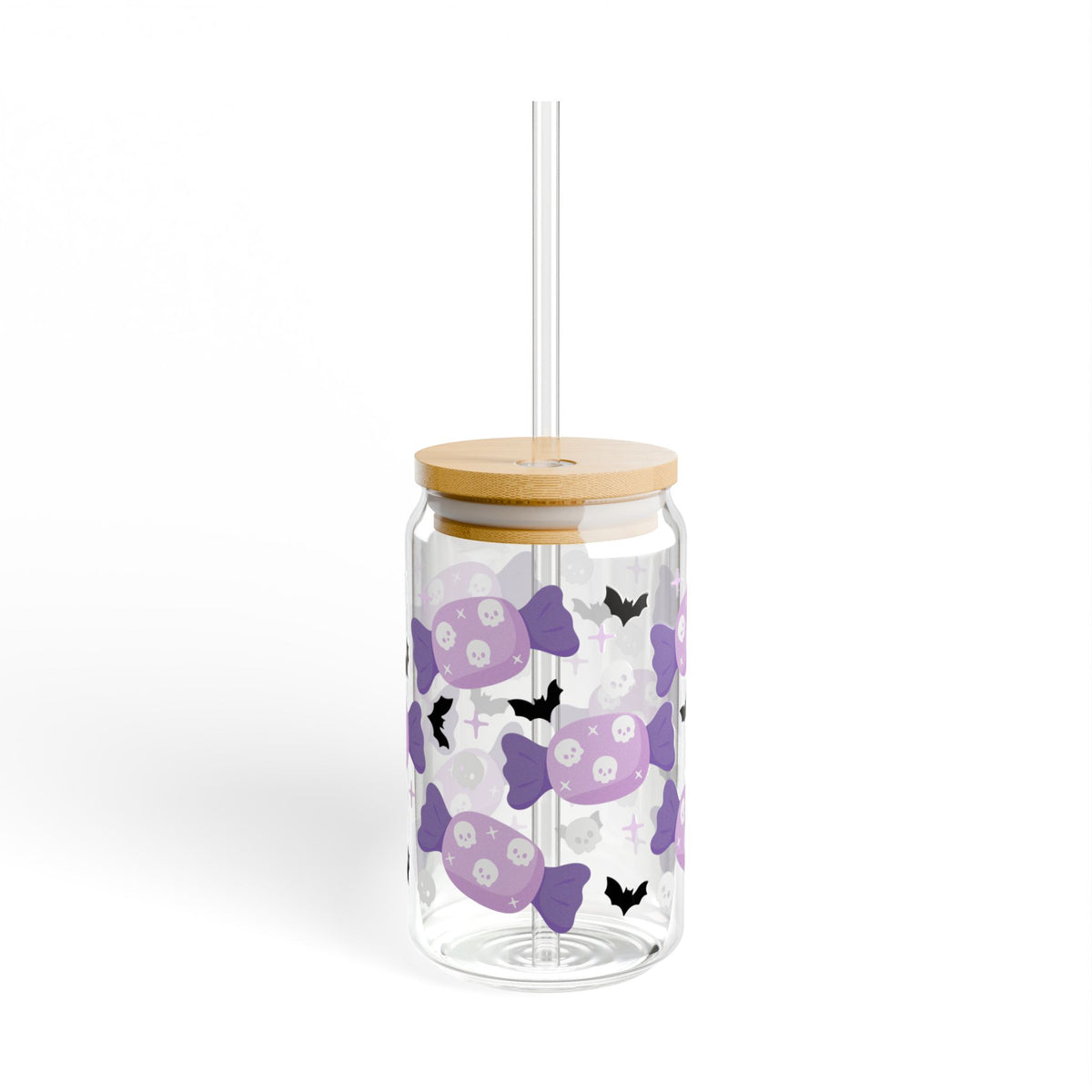 Skull Candy & Bats Halloween Sipper Glass 16oz Reusable Drink Jar with Lid & Straw