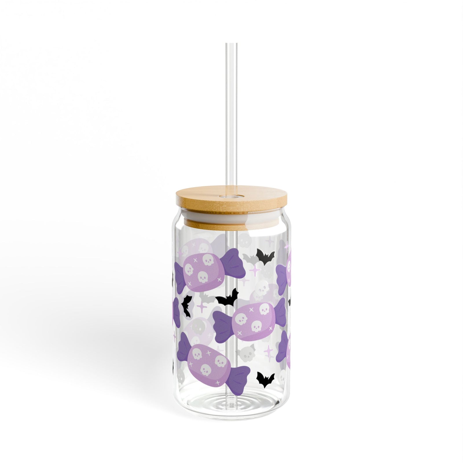 Skull Candy & Bats Halloween Sipper Glass 16oz Reusable Drink Jar with Lid & Straw