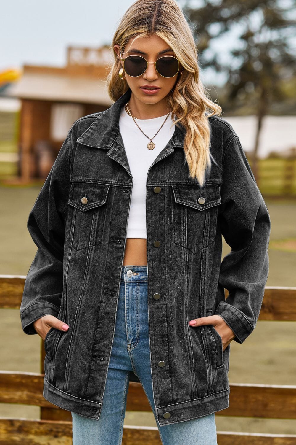 Buttoned Collared Neck Denim Jacket with Pockets - Sydney So Sweet