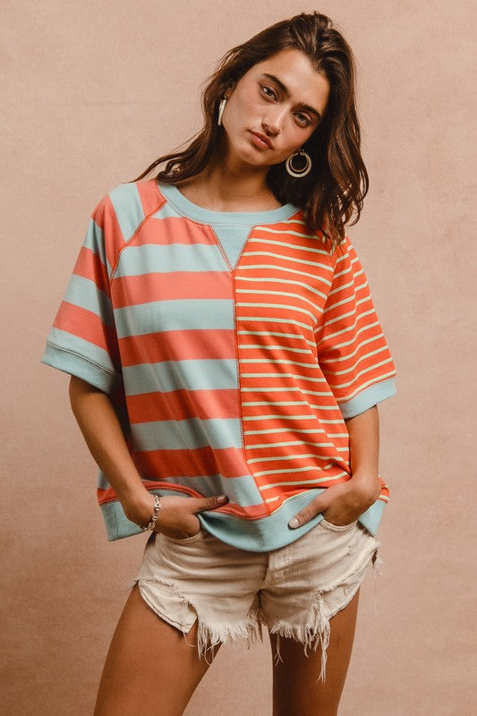 BiBi Striped Round Neck Half Sleeve French Terry Top - Sydney So Sweet