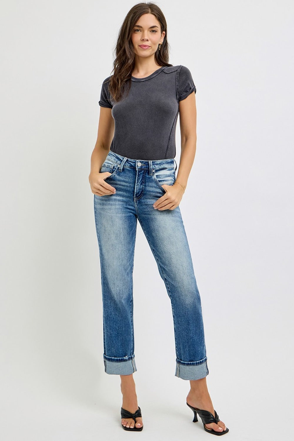 RISEN Full Size High Rise Crop Straight Roll Up Jeans - Sydney So Sweet