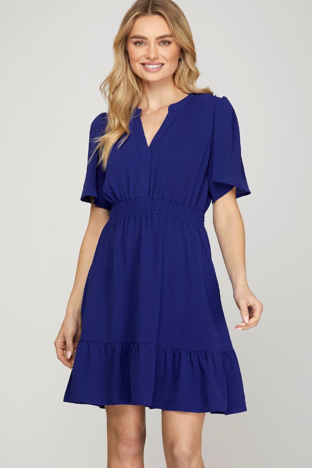 She + Sky Ruffled Hem Notched Flutter Sleeve Mini Dress - Sydney So Sweet