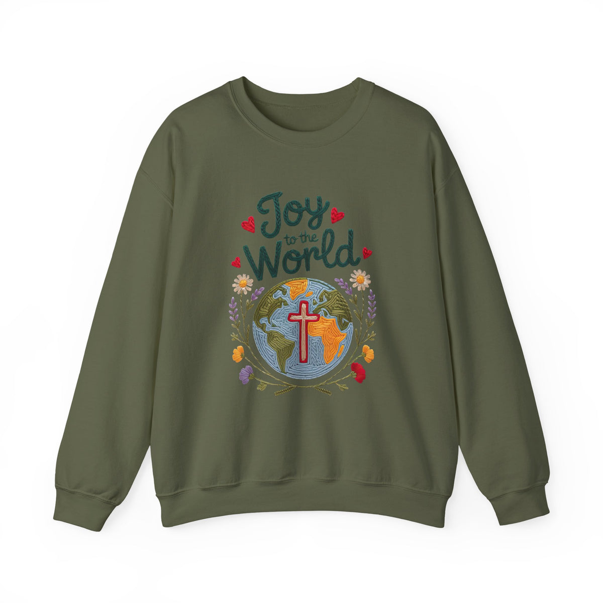 Joy to the World Faux Embroidery Christmas World & Cross Crewneck Unisex Sweatshirt