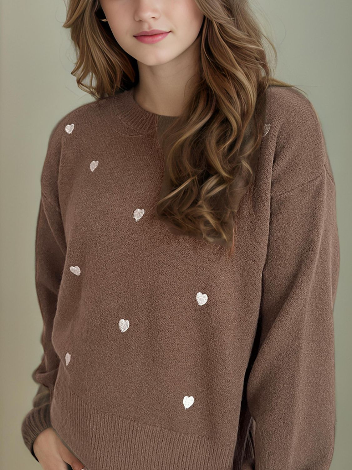 Heart Round Neck Long Sleeve Sweater - Sydney So Sweet