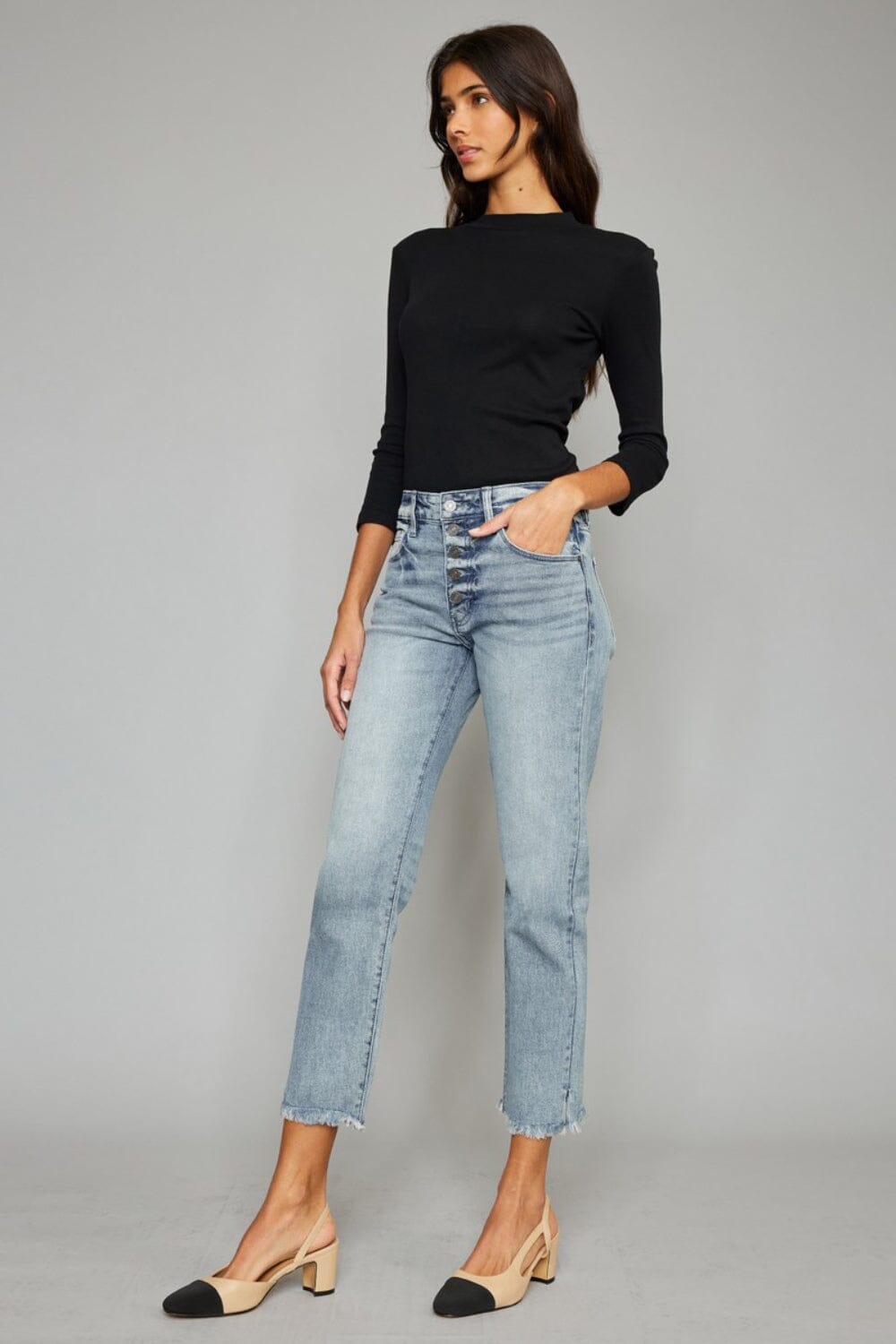 Kancan High Waist Button Fly Raw Hem Cropped Straight Jeans - Sydney So Sweet