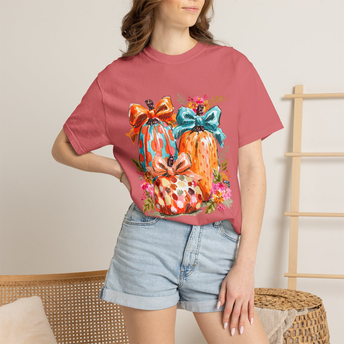 Floral Preppy Coquette Fall Pumpkin T-Shirt Cute Watercolor Graphic Tee