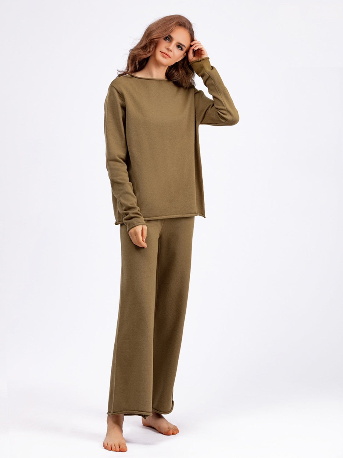 Basic Bae Rolled Round Neck Top and Pants Sweater Set - Sydney So Sweet