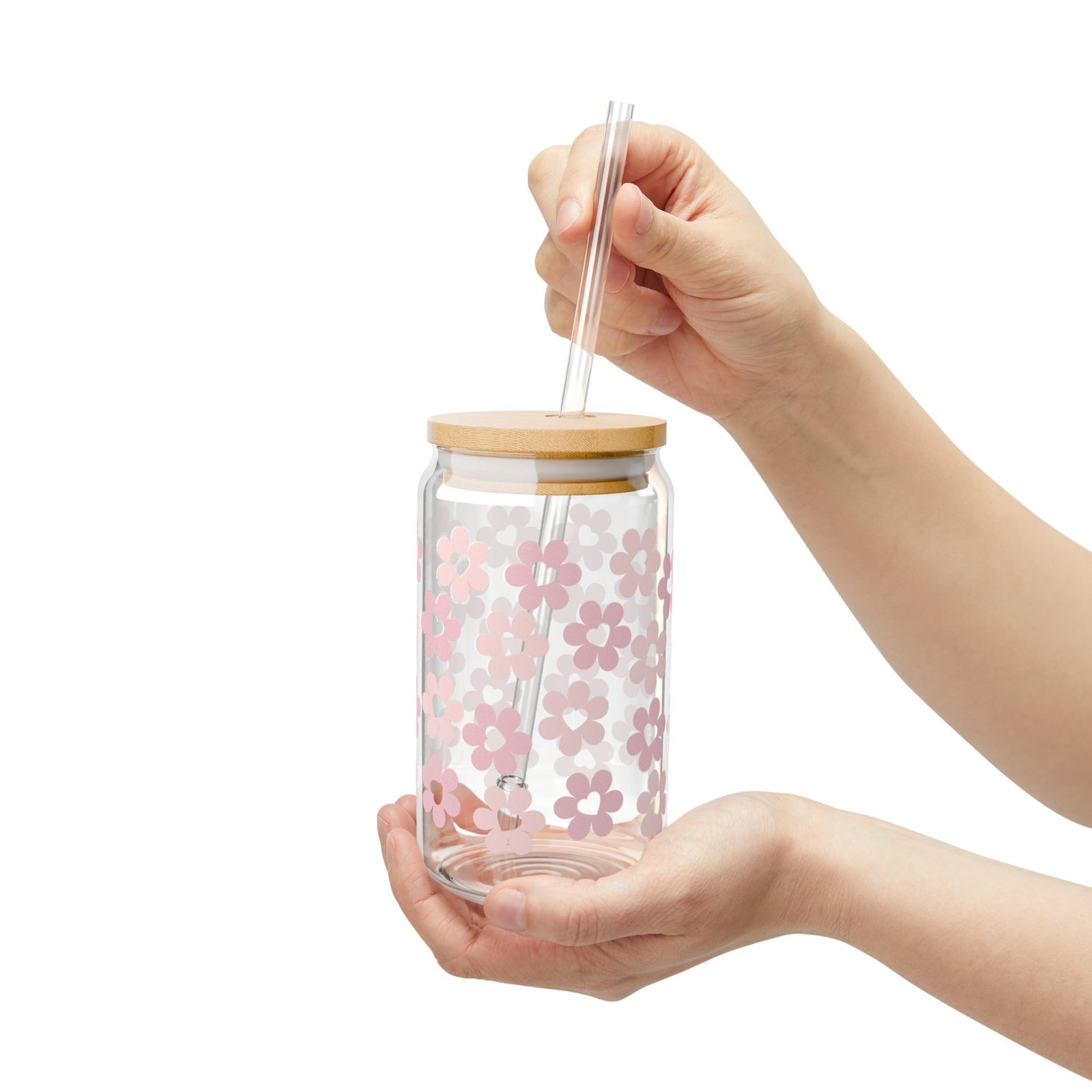 Pink Heart Daisies Tumbler Sipper Glass 16oz — Reusable Drink Jar with Lid & Straw - Sydney So Sweet