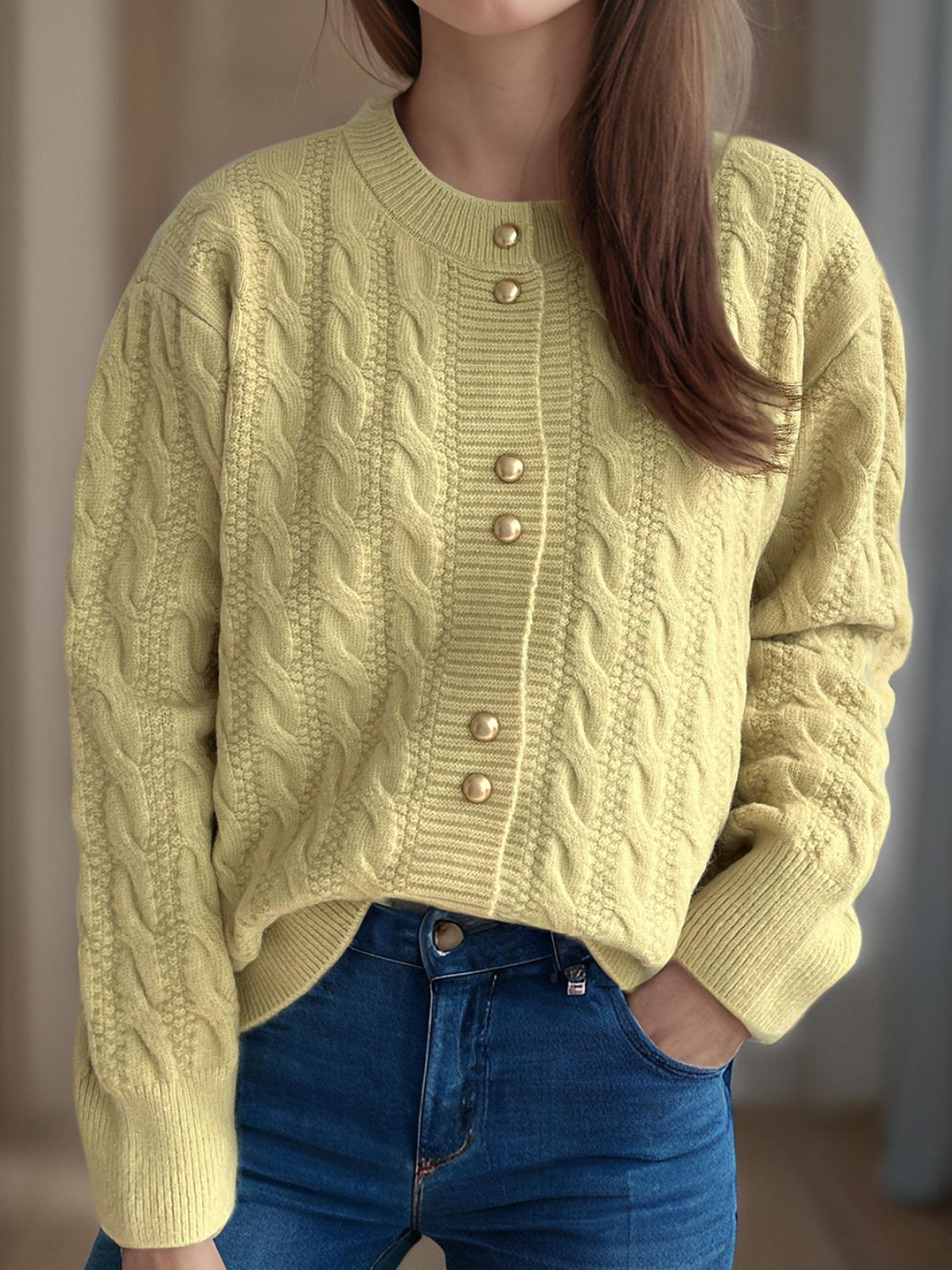 Cable-Knit Round Neck Long Sleeve Cardigan - Sydney So Sweet