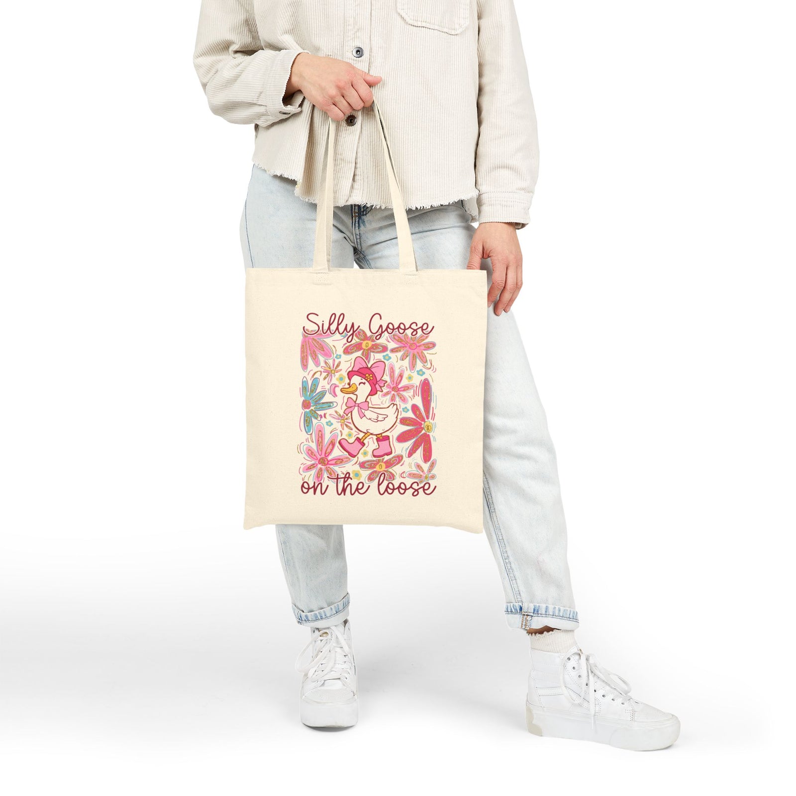 Silly Goose on the Loose Floral Cotton Canvas Tote Bag