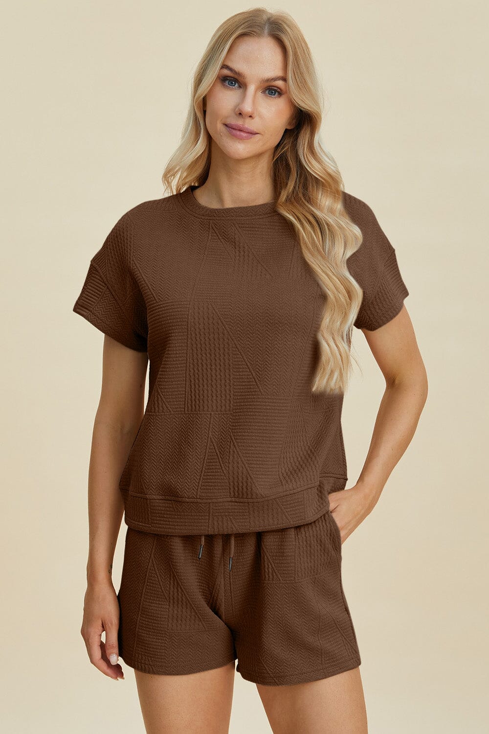 Double Take Full Size Texture Short Sleeve Top and Shorts Set - Sydney So Sweet