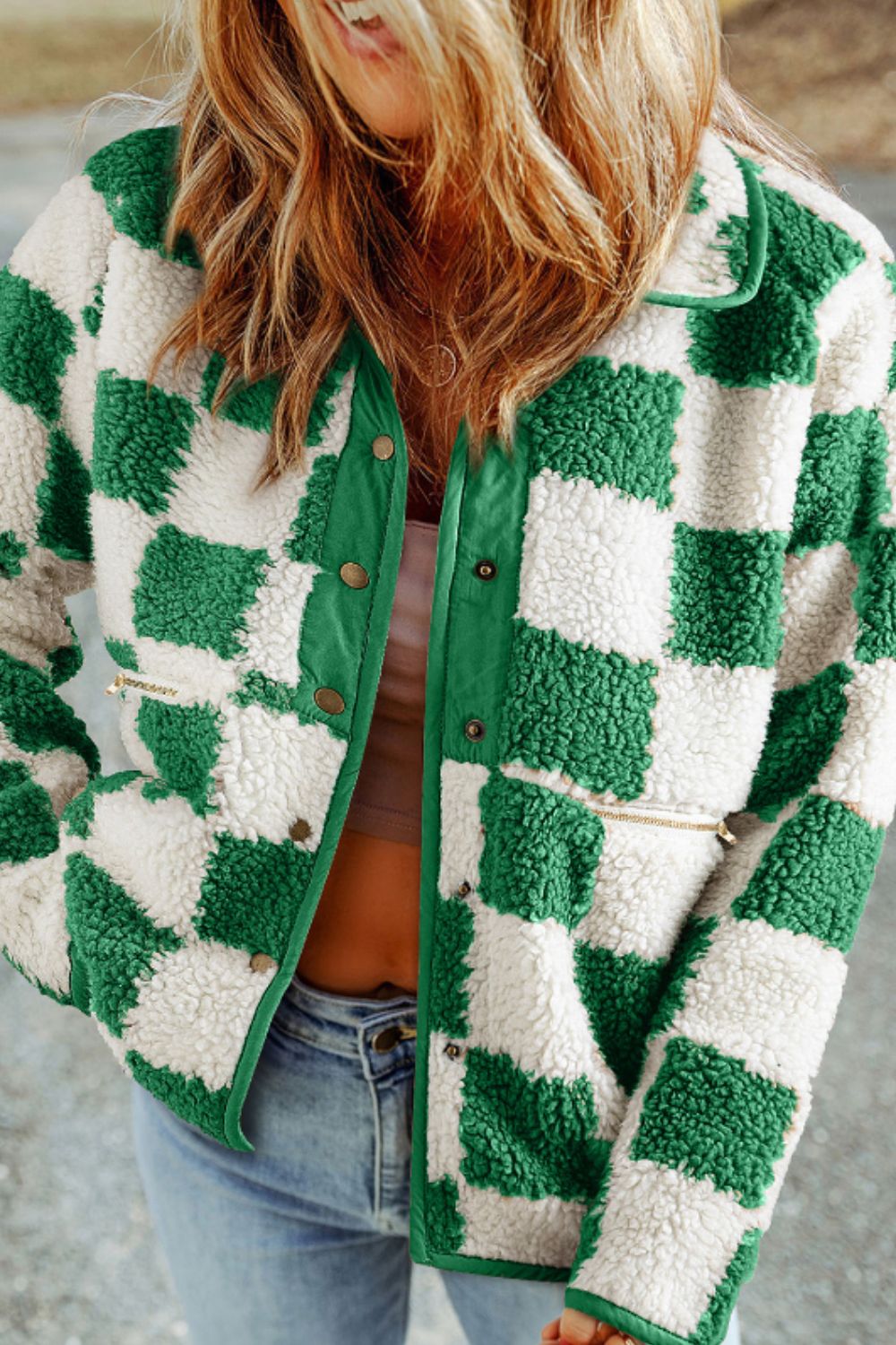 Checkered Snap Down Long Sleeve Jacket - Sydney So Sweet