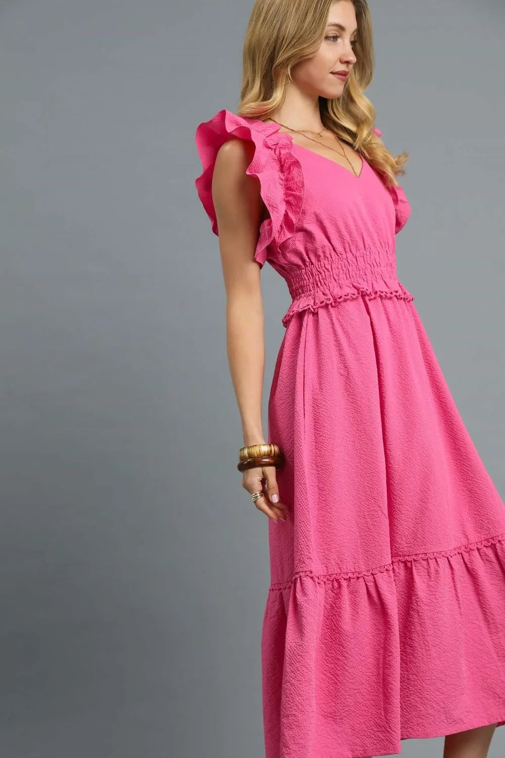 Umgee V-Neck Ruffled Cap Sleeve Midi Dress - Sydney So Sweet