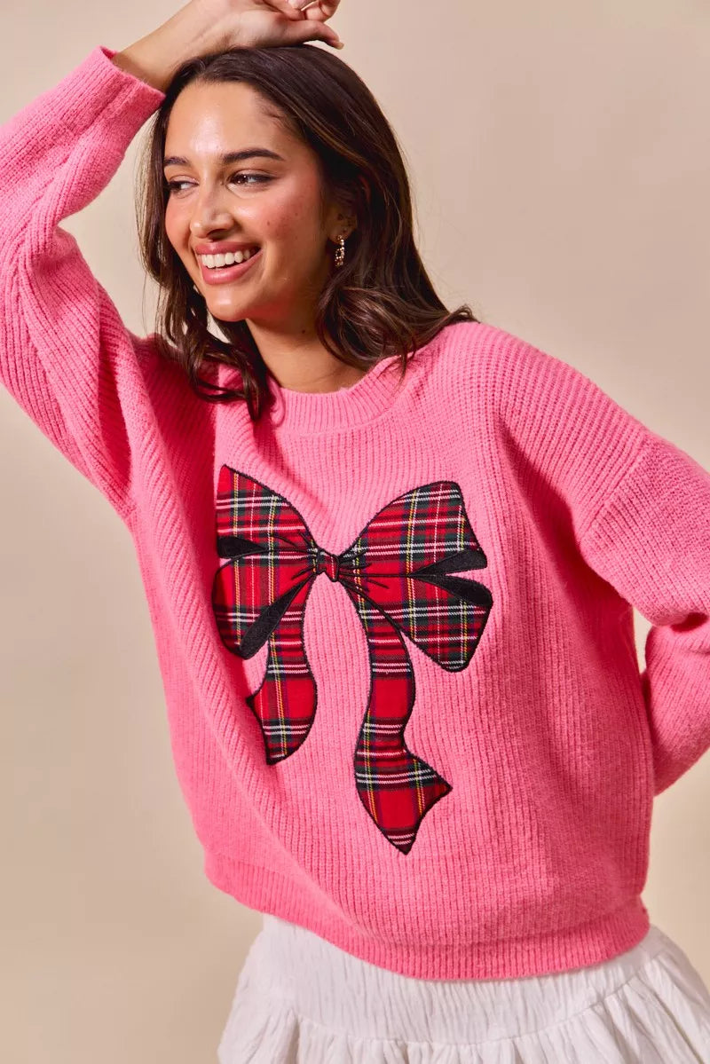 SO ME Checker Plaid Ribbon Christmas Holiday Sweater - Sydney So Sweet