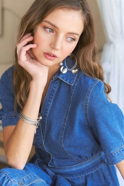 ADORA Tiered Button Down Tie Waist Short Sleeve Denim Dress - Sydney So Sweet