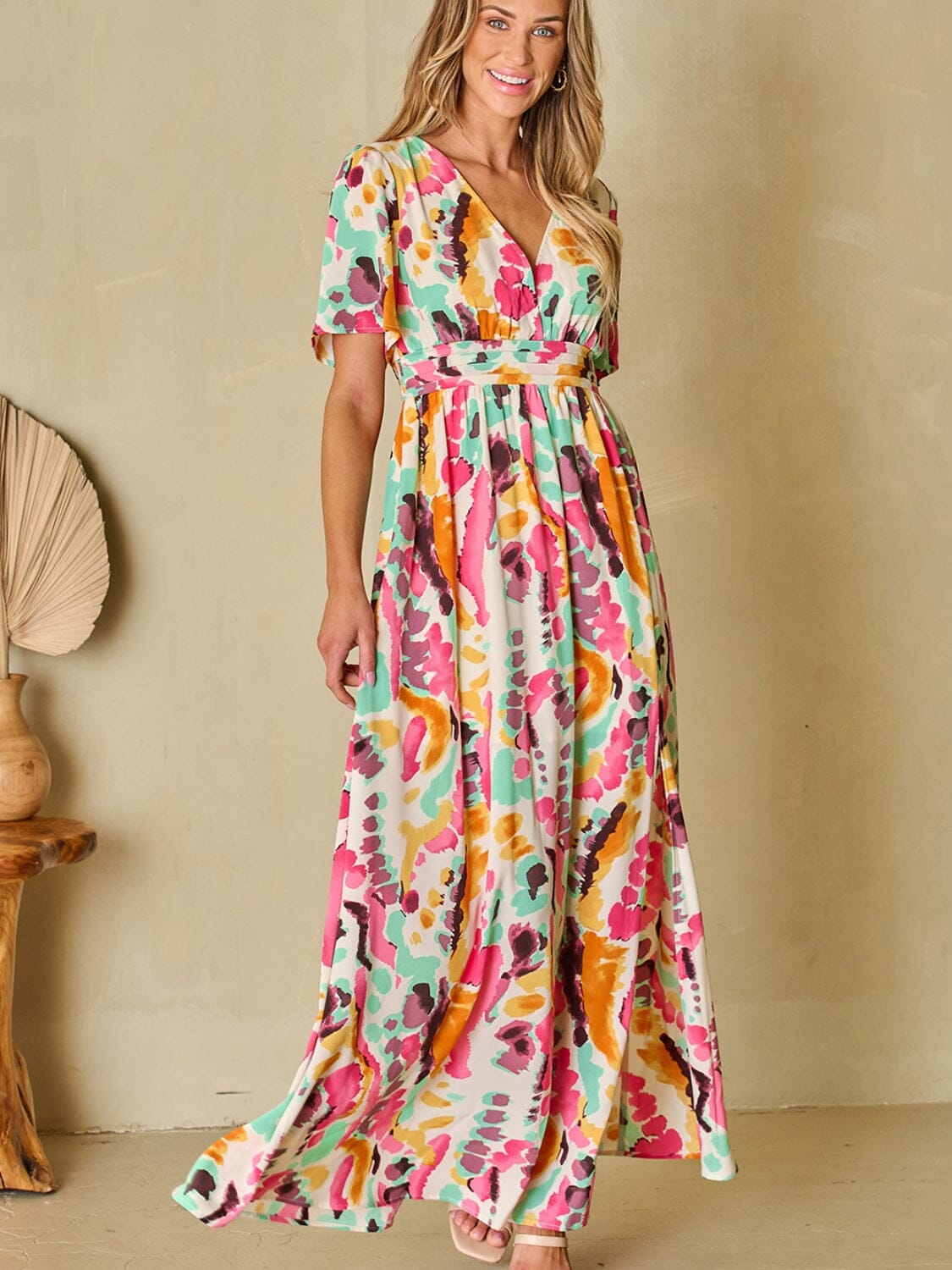 Slit Printed Surplice Short Sleeve Maxi Dress - Sydney So Sweet