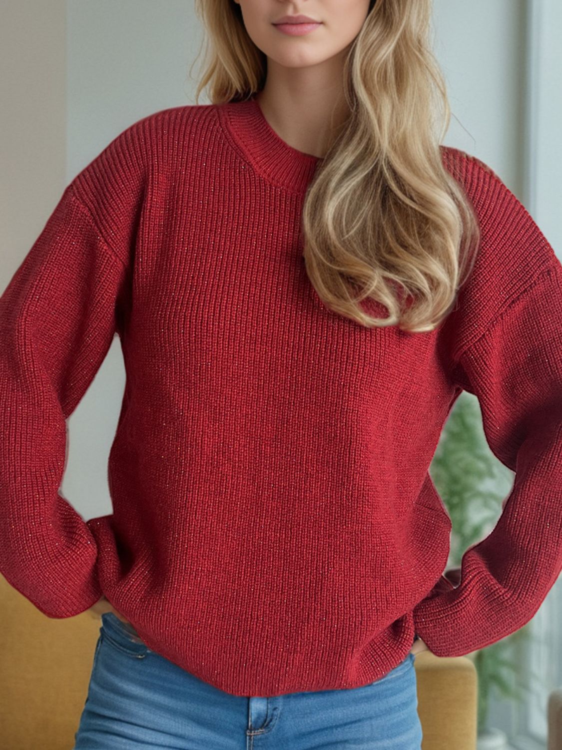 Solid Color Round Neck Long Sleeve Sweater - Sydney So Sweet