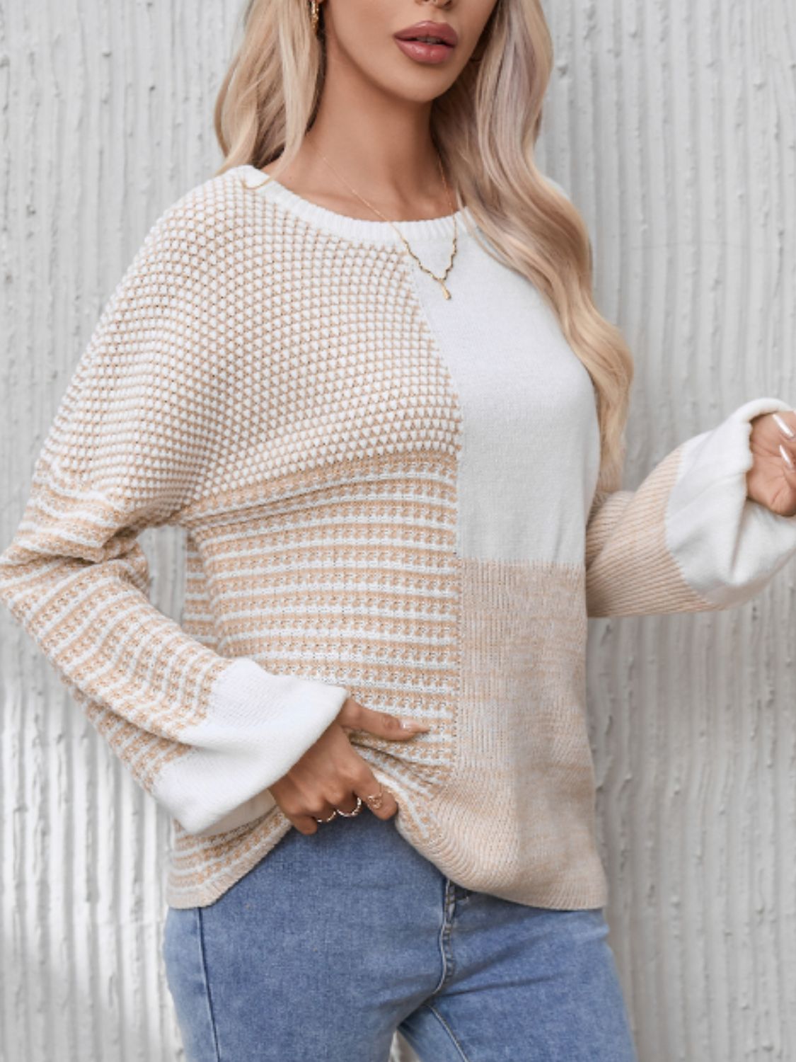 Contrast Round Neck Long Sleeve Sweater - Sydney So Sweet