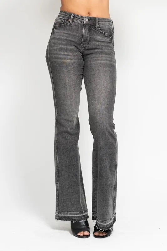 Judy Blue Full Size Mid Rise Tummy Control Washed Gray Release Hem Flare Jeans Plus Size - Sydney So Sweet
