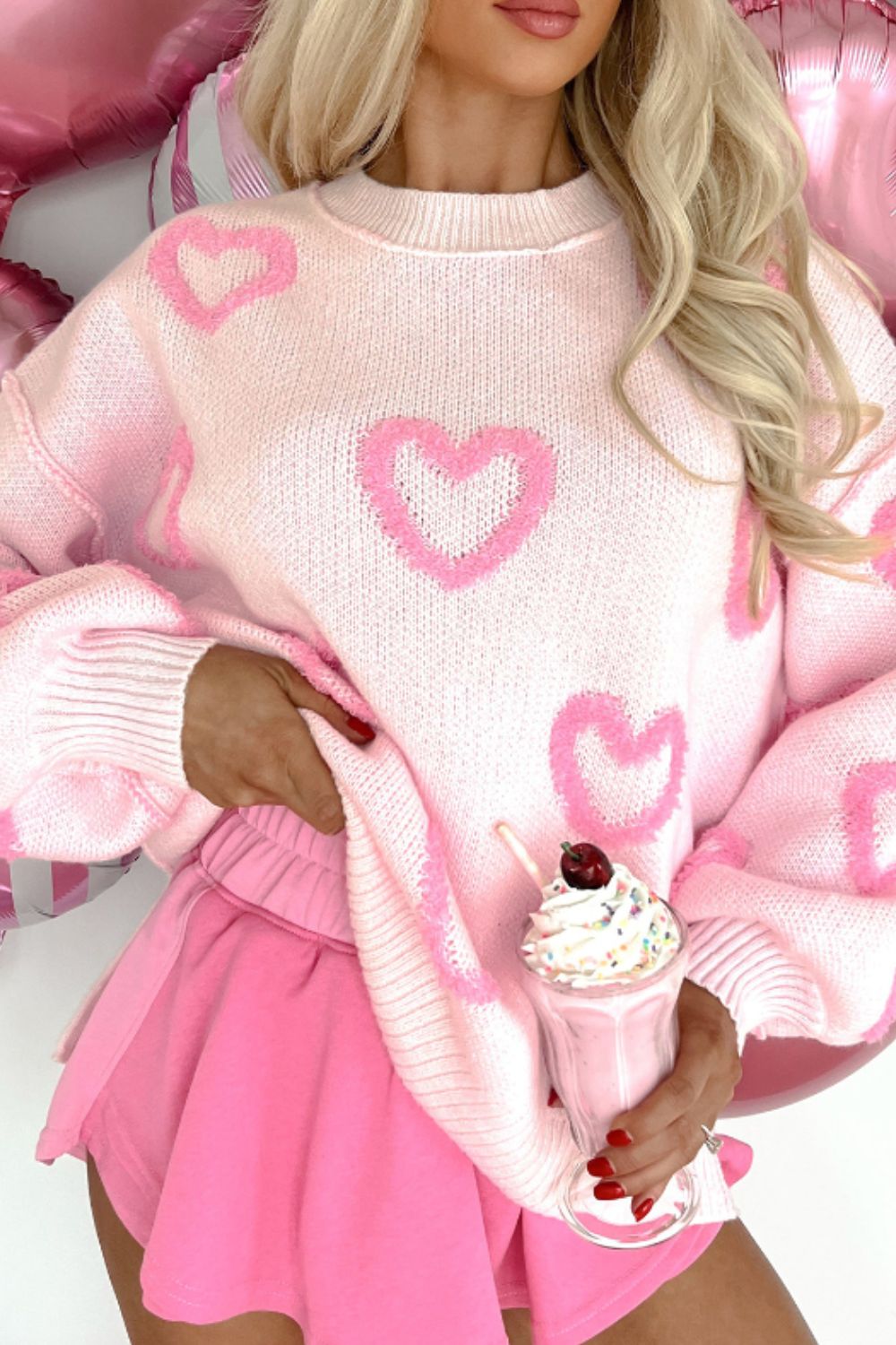 High-Low Heart Round Neck Long Sleeve Sweater - Sydney So Sweet