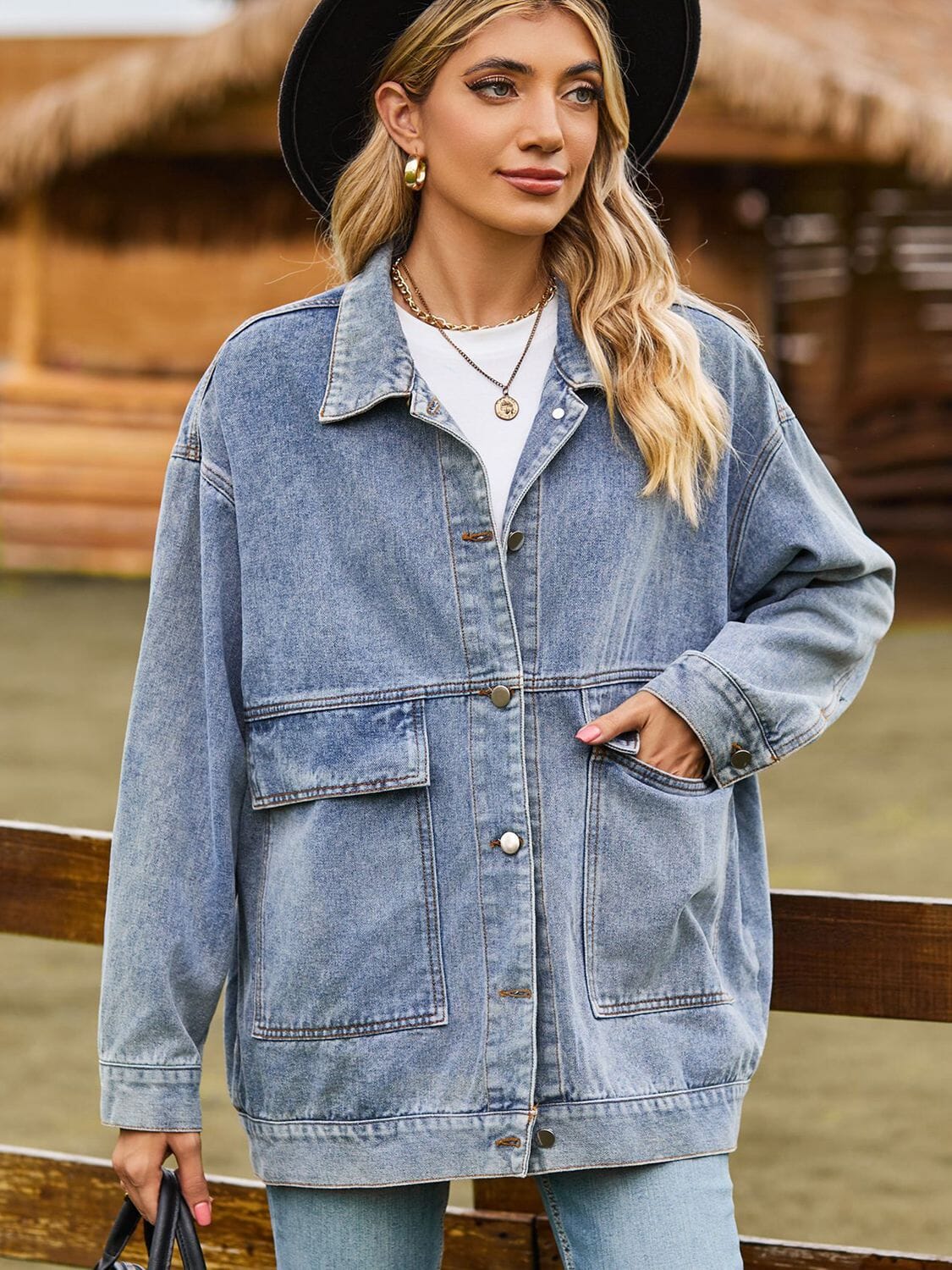 Dropped Shoulder Denim Jacket with Pockets - Sydney So Sweet