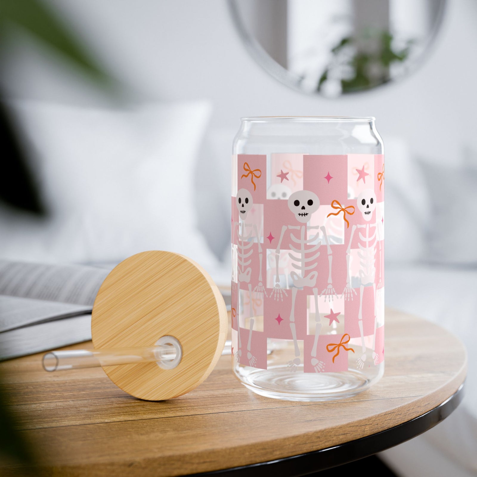 Pink Checker Skeleton & Bow Halloween Sipper Glass 16oz Reusable Drink Jar with Lid & Straw