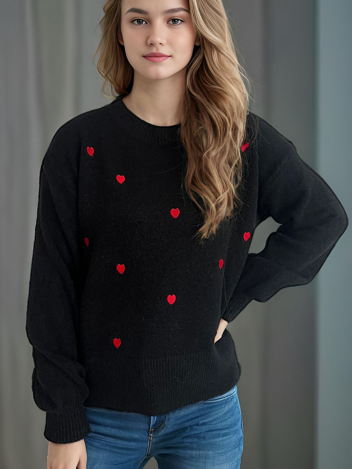 Heart Round Neck Long Sleeve Sweater - Sydney So Sweet