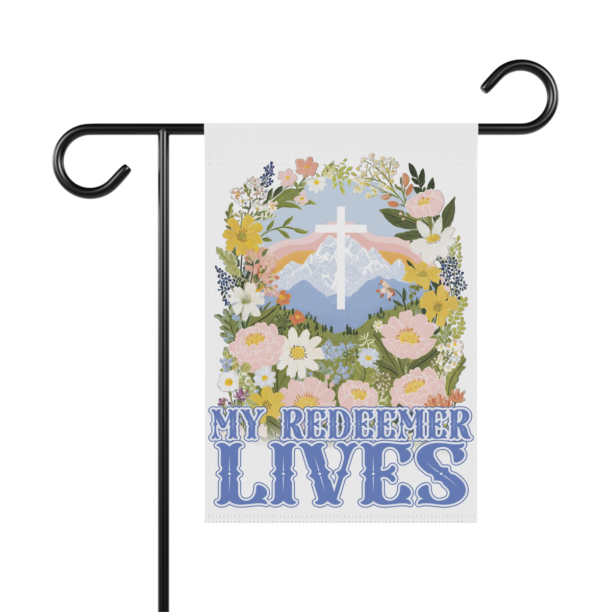 My Redeemer Lives Garden Flag Floral Cross Yard Banner