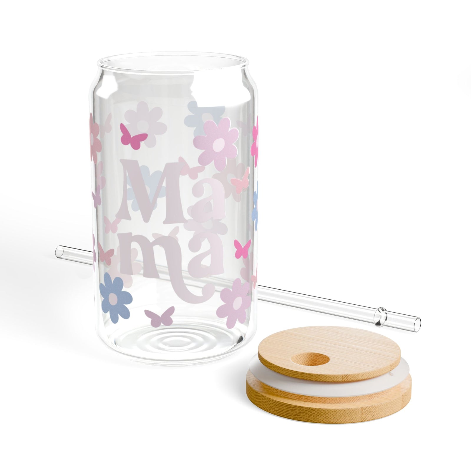 Mama Floral Tumbler Sipper Glass 16oz — Reusable Drink Jar with Lid & Straw