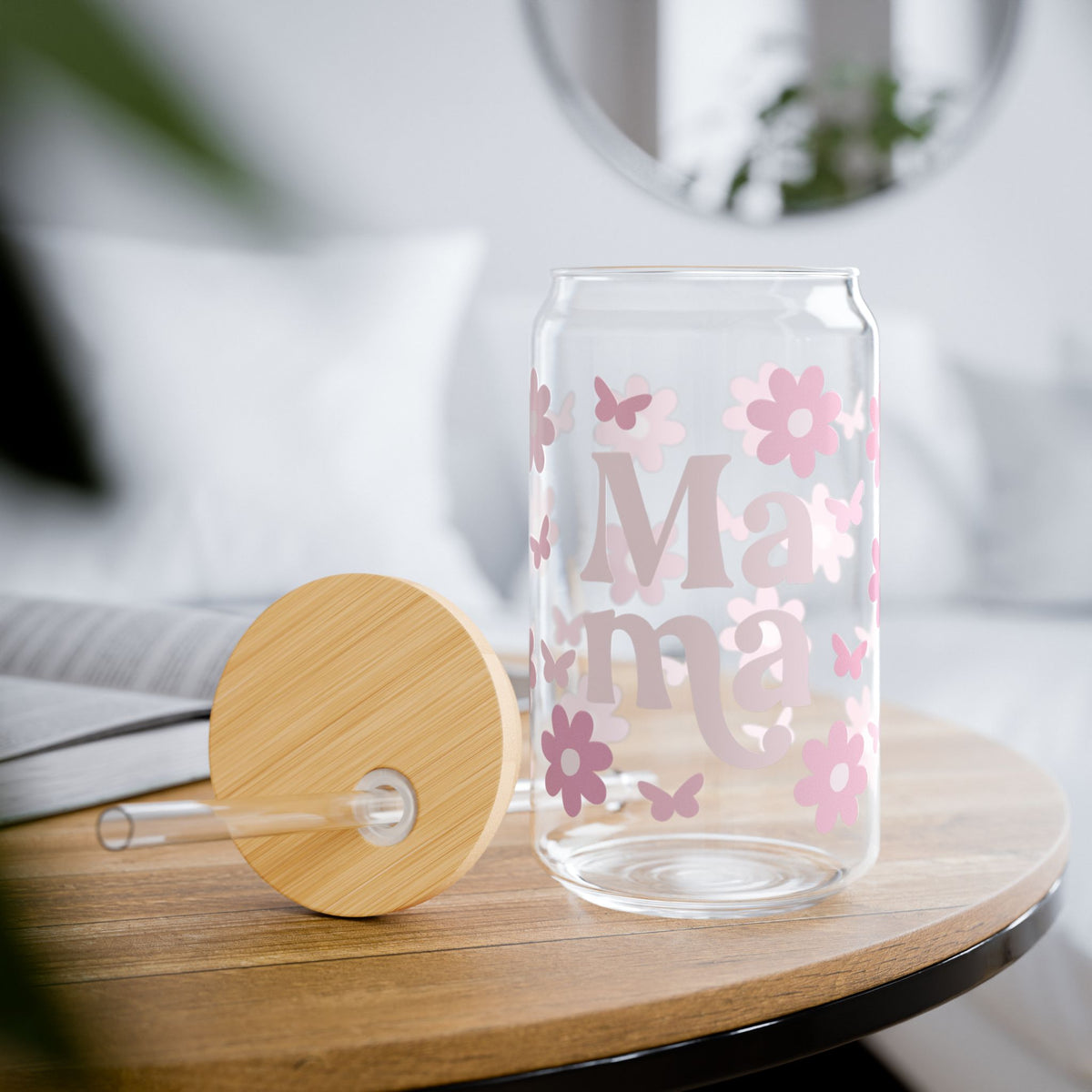 Mama Flower & Butterfly Tumbler Sipper Glass 16oz — Reusable Drink Jar with Lid & Straw