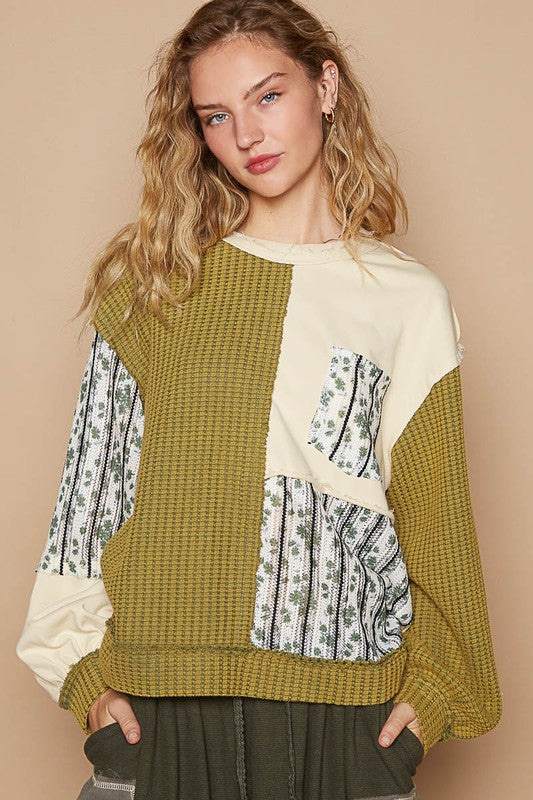 POL Exposed Seam Floral Patch Color Block Round Neck Sweatshirt - Sydney So Sweet