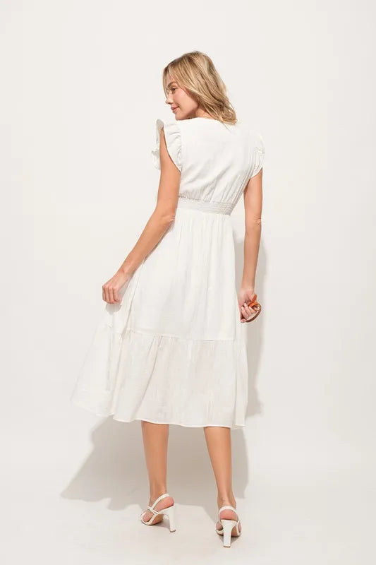 And The Why Ruffle Sleeve Front Smocked Tiered Midi Dress - Sydney So Sweet