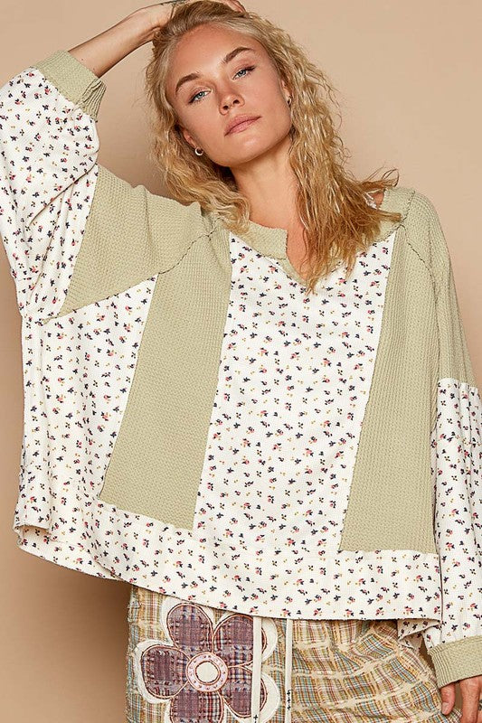 POL Waffle Knit Floral Notched Long Sleeve Top - Sydney So Sweet