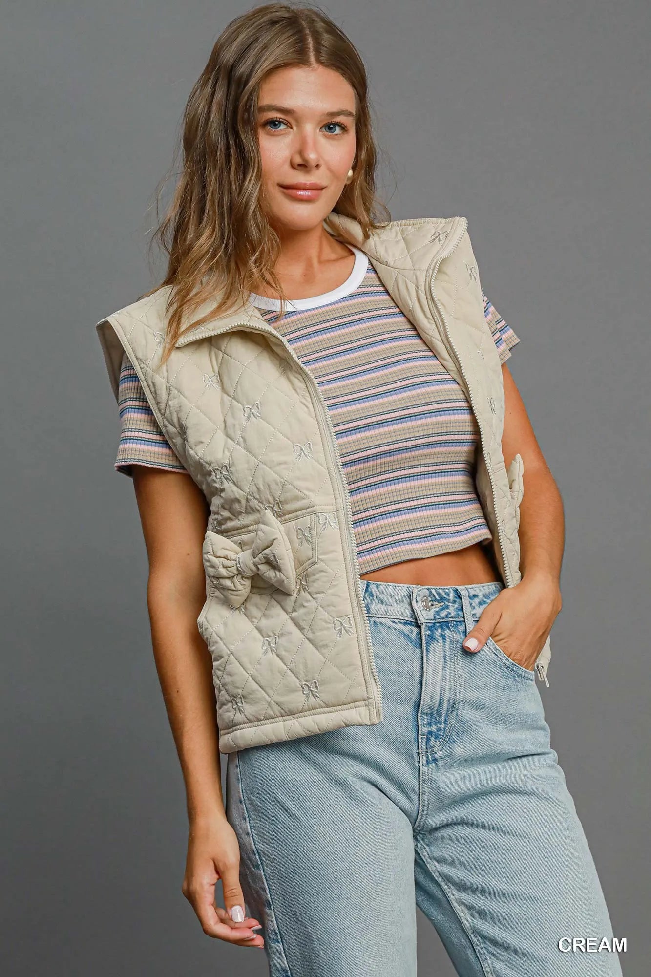 Umgee Sleeveless Quilted Vest with Bow Details - Sydney So Sweet